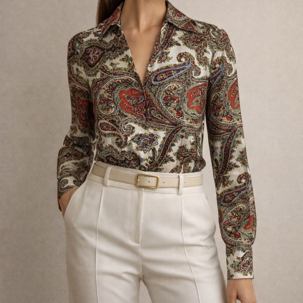 Talbots Pure Silk Paisley Long Sleeve Button-Up Shirt Size 8P Business Chic NWT